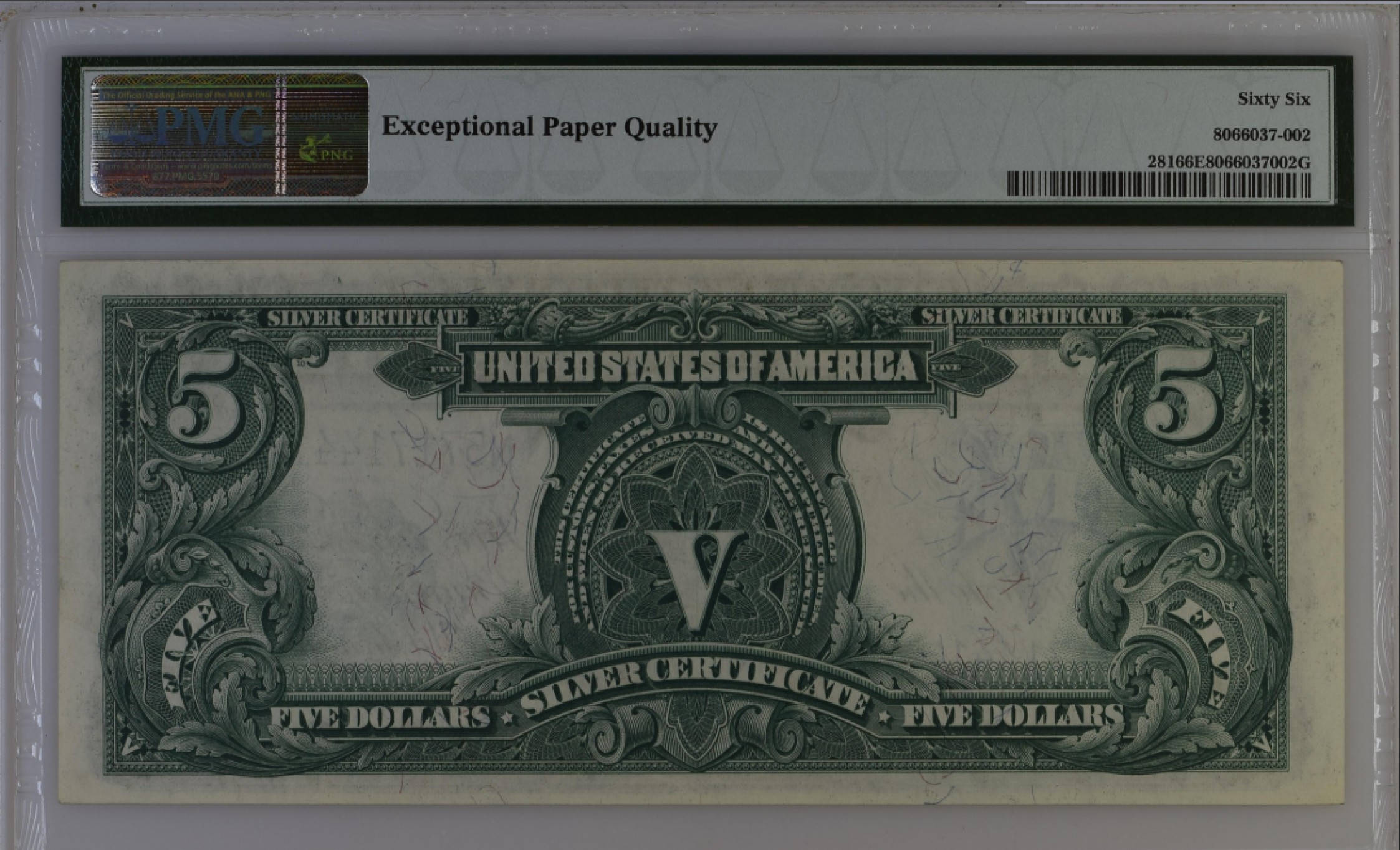 收藏联盟165期拍卖 综合场大拍 欢迎送拍 大拍佣金有返还哦 1899年美国大票幅银元券5元 酋长券 PMG66E