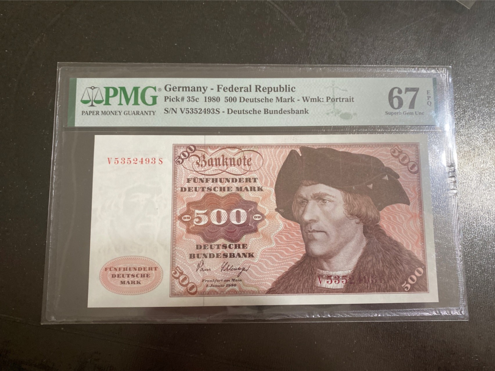 收藏联盟165期拍卖 综合场大拍 欢迎送拍 大拍佣金有返还哦 1980年联邦德国500马克 大副 PMG67E