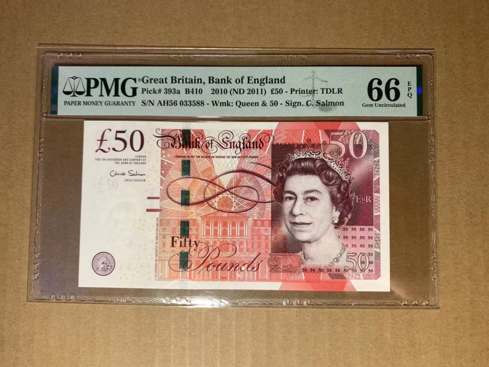  【Blue Auction】世界纸币精拍第187期——印度新金山渣打银行 （共90拍） 【无47 88尾】英国 2011年50镑 PMG66EPQ 