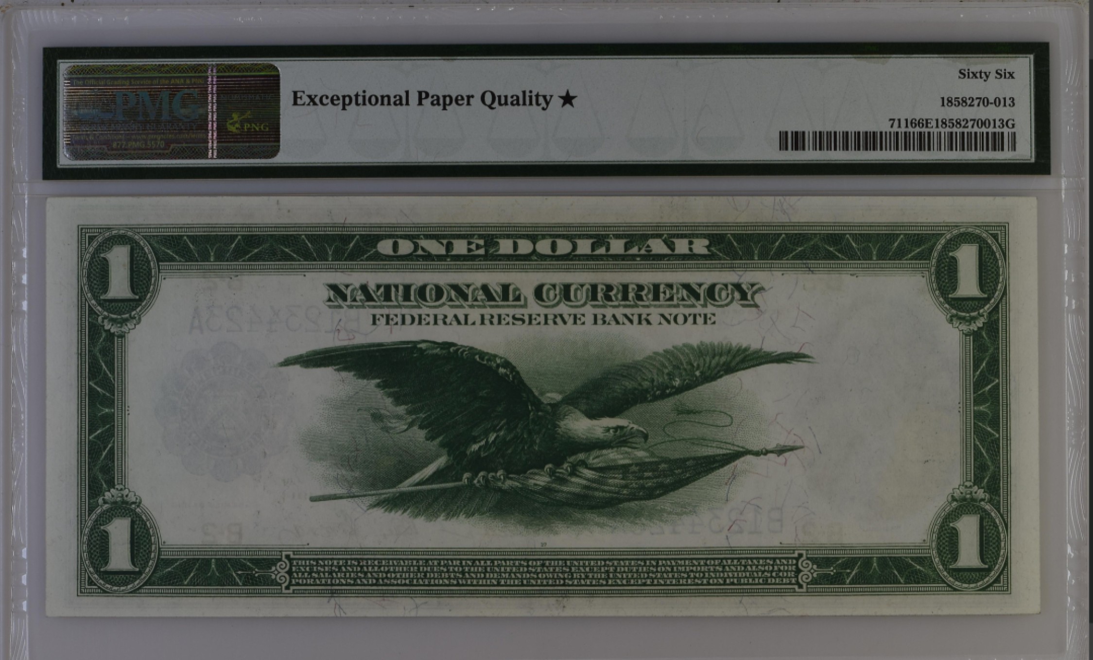 收藏联盟165期拍卖 综合场大拍 欢迎送拍 大拍佣金有返还哦 1918年美国大票幅1元 飞鹰 PMG66E加星亚军分