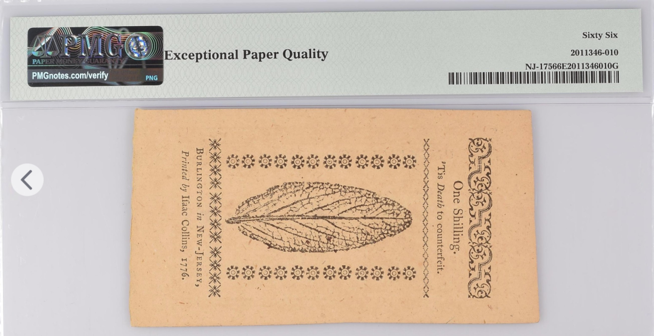 收藏联盟165期拍卖 综合场大拍 欢迎送拍 大拍佣金有返还哦 1776年美国1先令 开国古董纸币 PMG66E仅两枚更高分极稀少