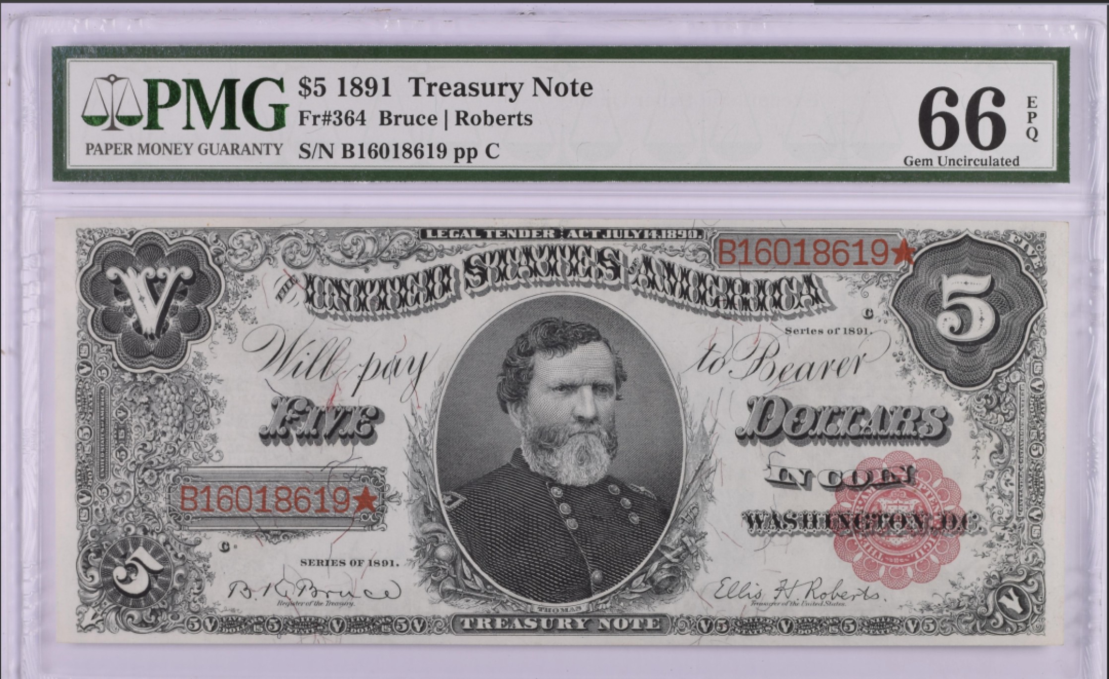 收藏联盟165期拍卖 综合场大拍 欢迎送拍 大拍佣金有返还哦 1891年美国财政券5元 大票幅 PMG66E 极稀少倒置号