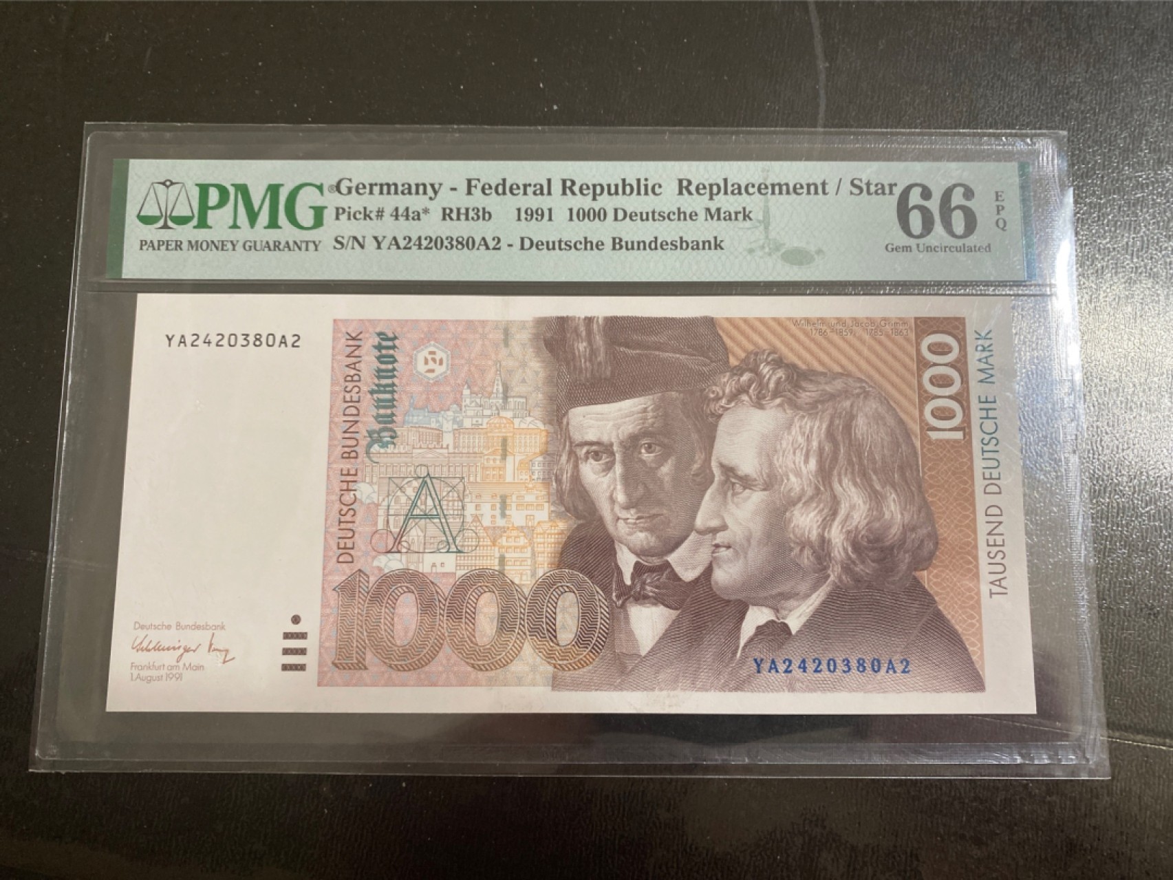 收藏联盟165期拍卖 综合场大拍 欢迎送拍 大拍佣金有返还哦 1991年联邦德国1000马克 稀少初版补号YA冠 PMG66E