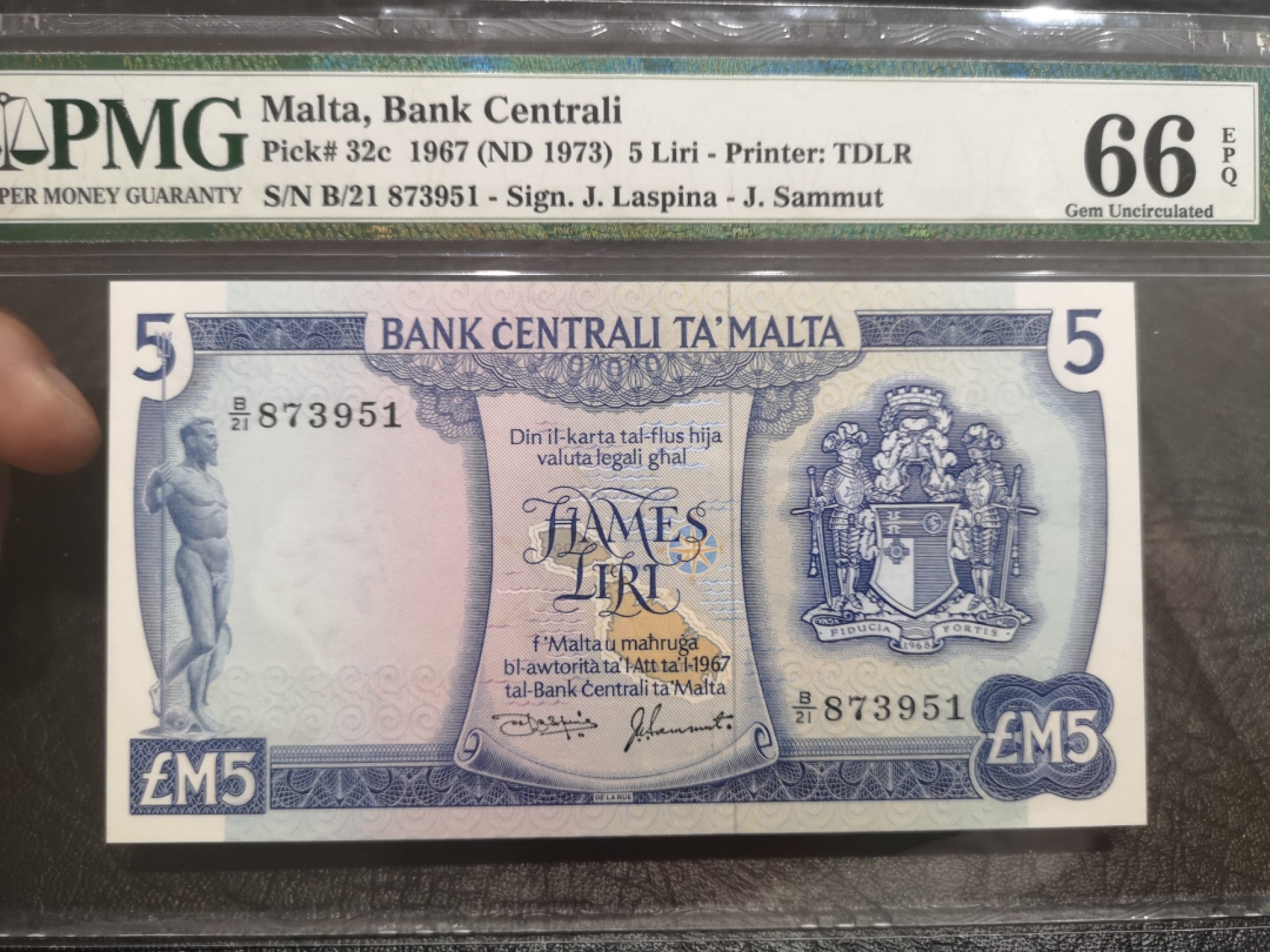 《外钞收藏家》第一百八十期拍卖 1967年马耳他5镑 PMG66 经典彩背
