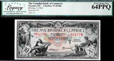 【Blue Auction】世界纸币精拍第188期——天后朱诺（带领孩子看到光明的神祇） - 【升值品种 双面雕刻非常精美】加拿大商业银行 早期 1935年10元 LCG64EPQ 全新原票 与PMG66只差几个号码  正面：朱诺（天后，主神朱庇特的妻子）集美貌、温柔、慈爱于一身，被罗马人称为“带领孩子看到光明的神祇”，对应希腊神话中的赫拉。 背面：墨丘利&谷神 