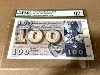 【Blue Auction】世界纸币精拍第188期——天后朱诺（带领孩子看到光明的神祇） - 瑞士 1973年100法郎 PMG67EPQ 圣马丁割袍 高分