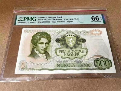 【Blue Auction】世界纸币精拍第188期——天后朱诺（带领孩子看到光明的神祇） - 挪威 1985年500克朗 经典阿贝尔 PMG66EPQ A冠 高分少见