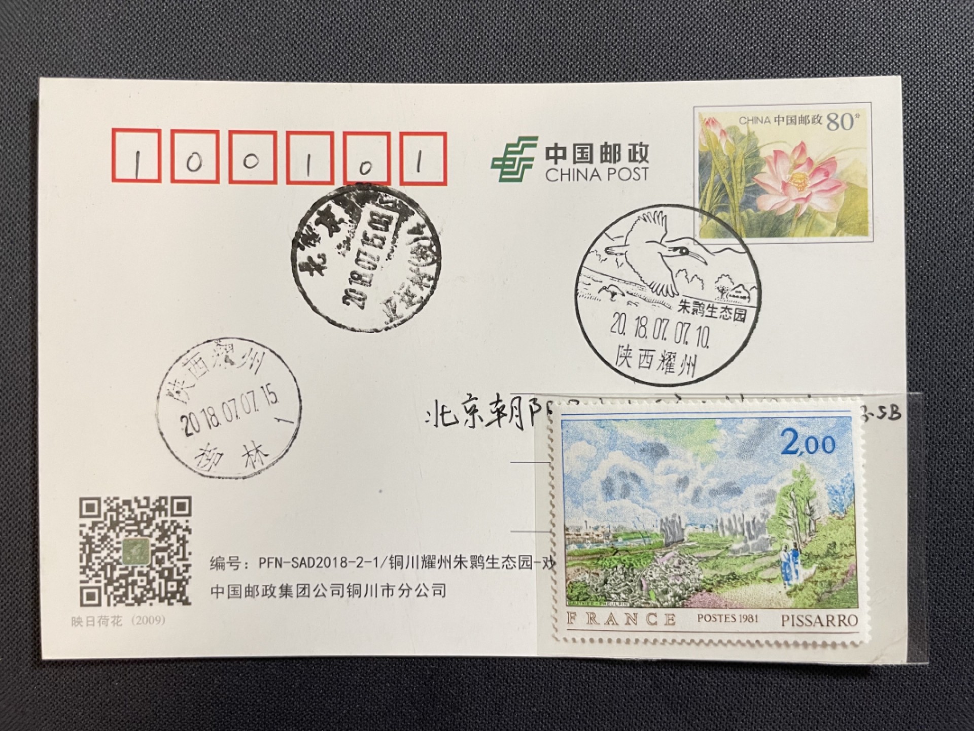 【第16期】莲池国际邮品拍卖 【戳片】陕西耀州朱鹮生态园风景日戳 陕西耀州柳林日戳 实寄邮资片