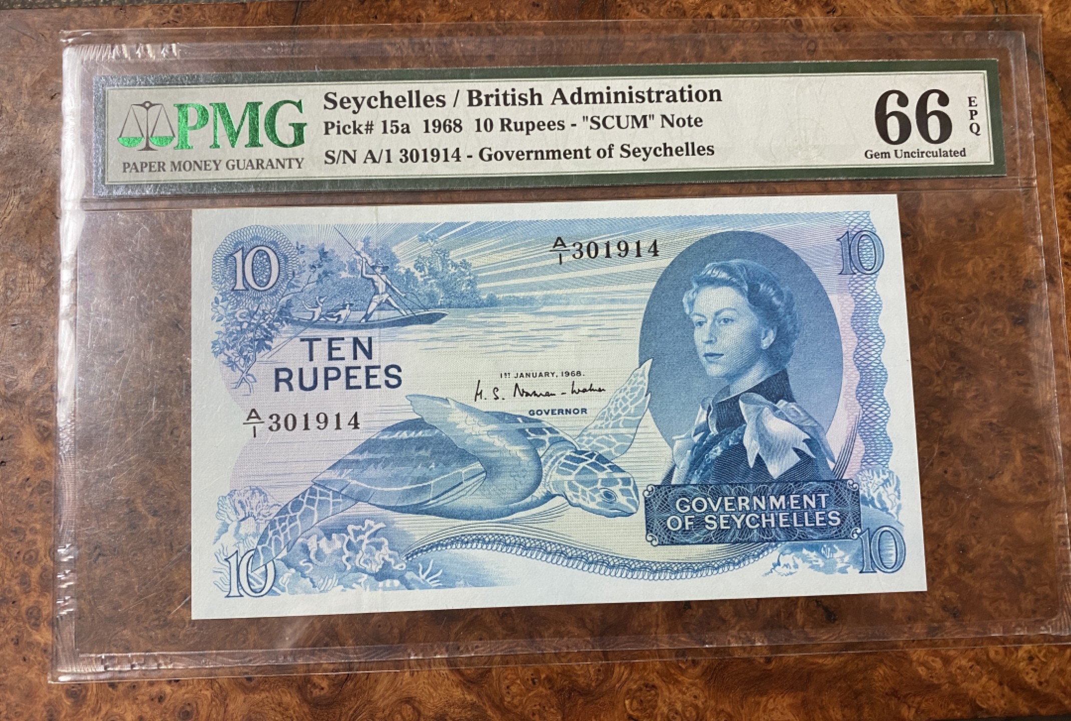 Chase Auction 第12期 - - 中外纸钞、民国炒联拍！ 1968年塞舌尔10卢比，PMG66分！