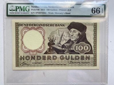 【Blue Auction】✨世界纸币精拍第189期（众多女王纸币） - 荷兰 1953年100盾 伊拉斯莫  PMG66EPQ 