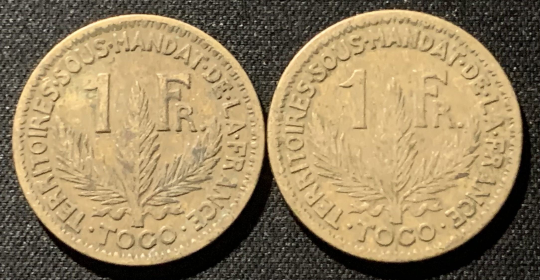 紫瑗钱币——第194期拍卖 法属多哥 1924 1925年 女神 1法郎 铜币 2枚一组