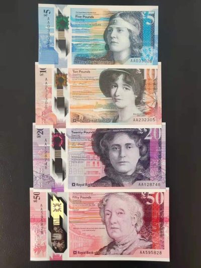 现货拍卖，苏格兰£100塑料钞，纸钞，纪念钞，评级币，豹子号等趣味号码专场 - 苏格兰皇家银行£5-£50塑料钞，首冠AA一套 