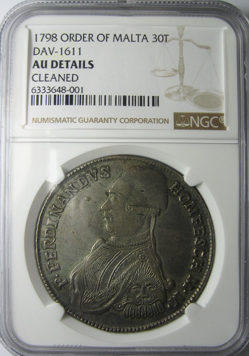旷世大珍/NGC评级1798马耳他骑士团(医院骑士团)30T大银币/达文波特编号DAV-1611C,存世仅4-6枚,末任大团长霍姆佩斯