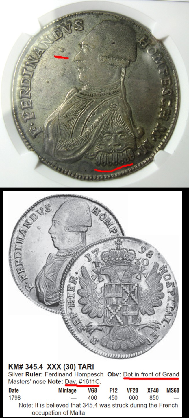 旷世大珍/NGC评级1798马耳他骑士团(医院骑士团)30T大银币/达文波特编号DAV-1611C,存世仅4-6枚,末任大团长霍姆佩斯