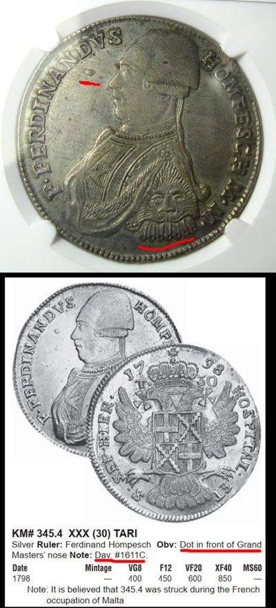 旷世大珍/NGC评级1798马耳他骑士团(医院骑士团)30T大银币/达文波特编号DAV-1611C,存世仅4-6枚,末任大团长霍姆佩斯