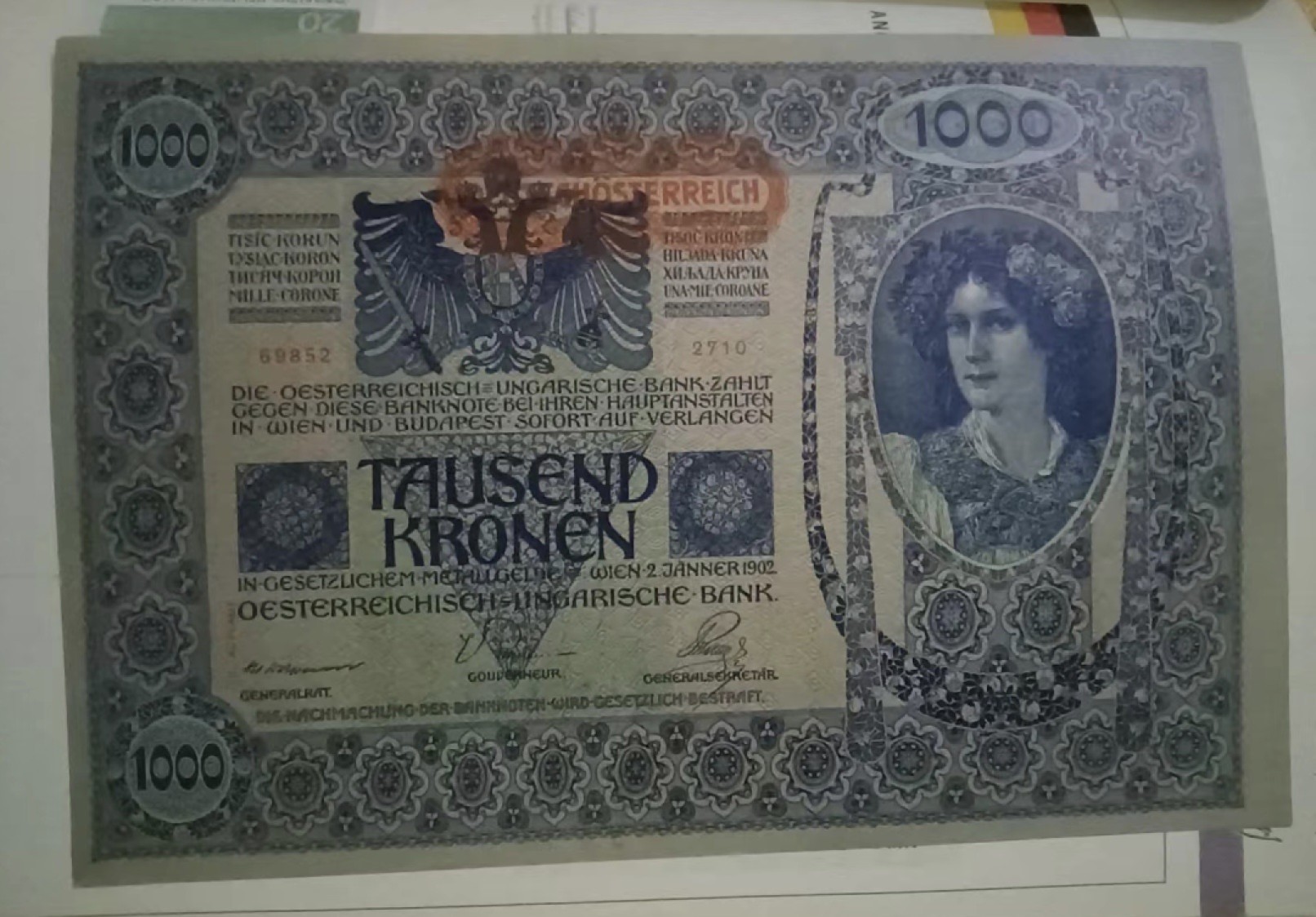 Chase Auction 第12期 - - 中外纸钞、民国炒联拍！ 奥地利1000面值一张，老纸币，AU品相，如图！