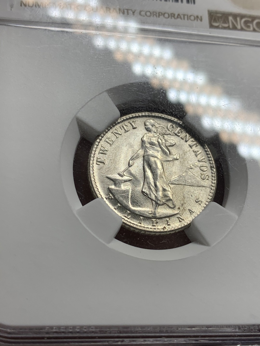 《竞宝斋》第63场-本周日 （全场不限金额包邮） NGC-MS62 美属菲律宾 1945年 20分 打铁女神 银币