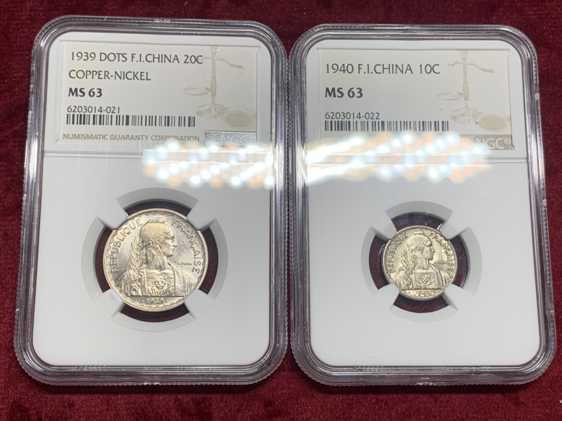 《竞宝斋》第63场-本周日 （全场不限金额包邮） NGC-MS63/63 法属印支 1940/39年 10分20分一对 原光十足