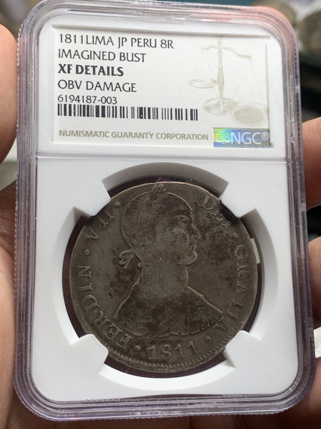 《竞宝斋》第63场-本周日 （全场不限金额包邮） NGC-XFD  秘鲁利马厂 费七洋葱头 1811年 8R 银币 不多见 