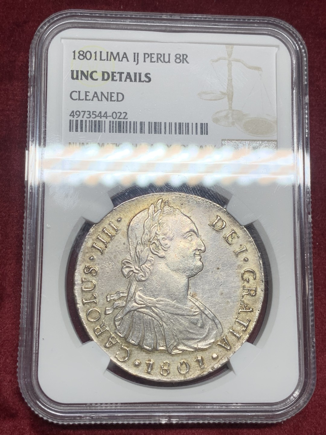《竞宝斋》第63场-本周日 （全场不限金额包邮） NGC-UNCD  秘鲁双柱 卡洛斯四世 1801  8里亚尔    卡四早期 淡彩 欧洲回流包浆  光度一流