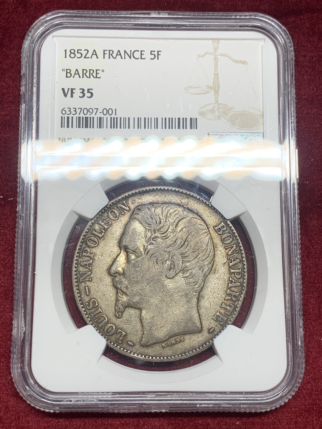 《竞宝斋》第63场-本周日 （全场不限金额包邮） NGC-VF35 法国 1852年 拿破仑三世无冠版 5法郎 大银币 好品原味