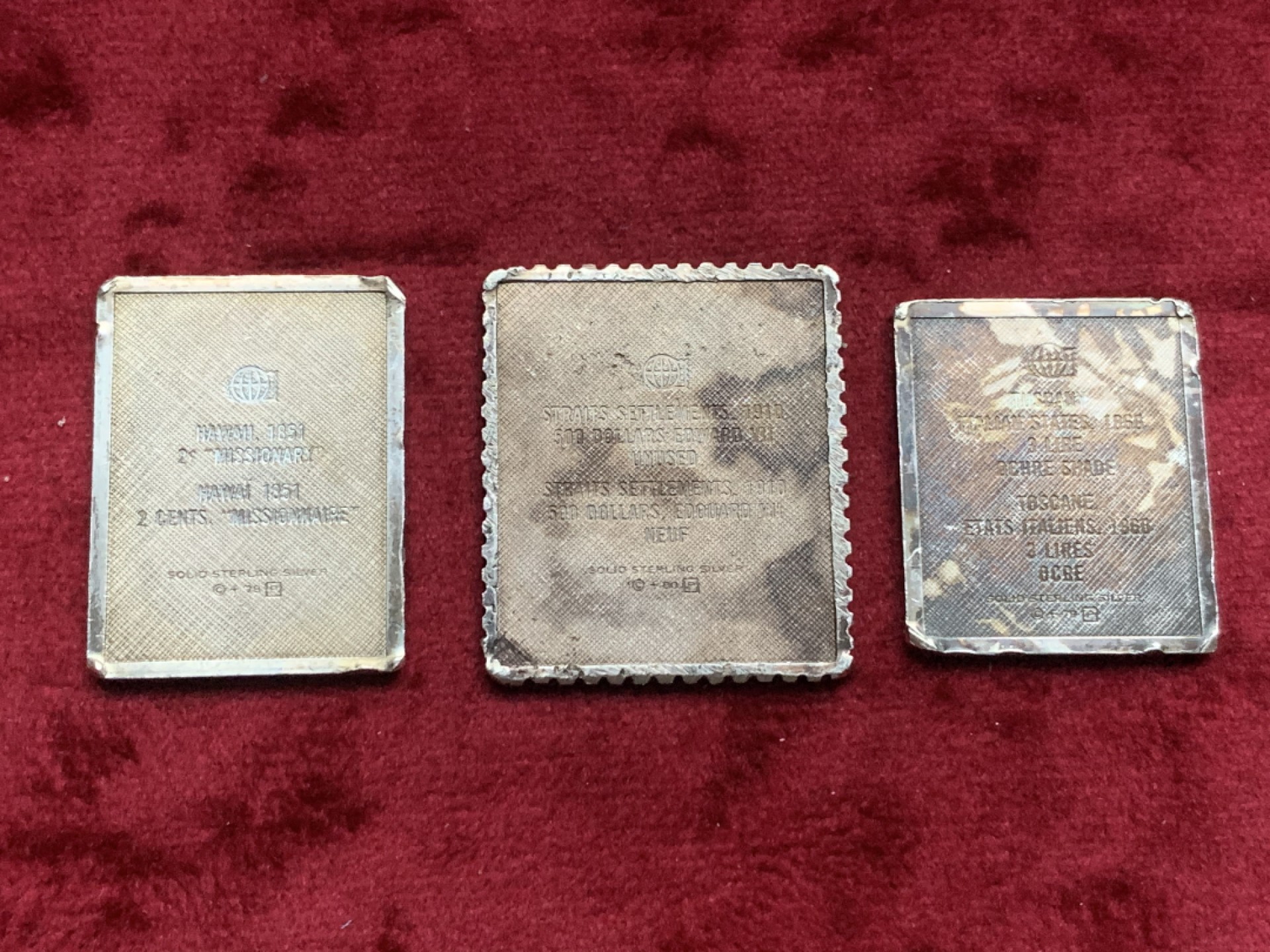 《竞宝斋》第63场-本周日 （全场不限金额包邮） 美国 弗兰克林造币厂 邮票型纯银银章 3枚一组 总重 35.85克