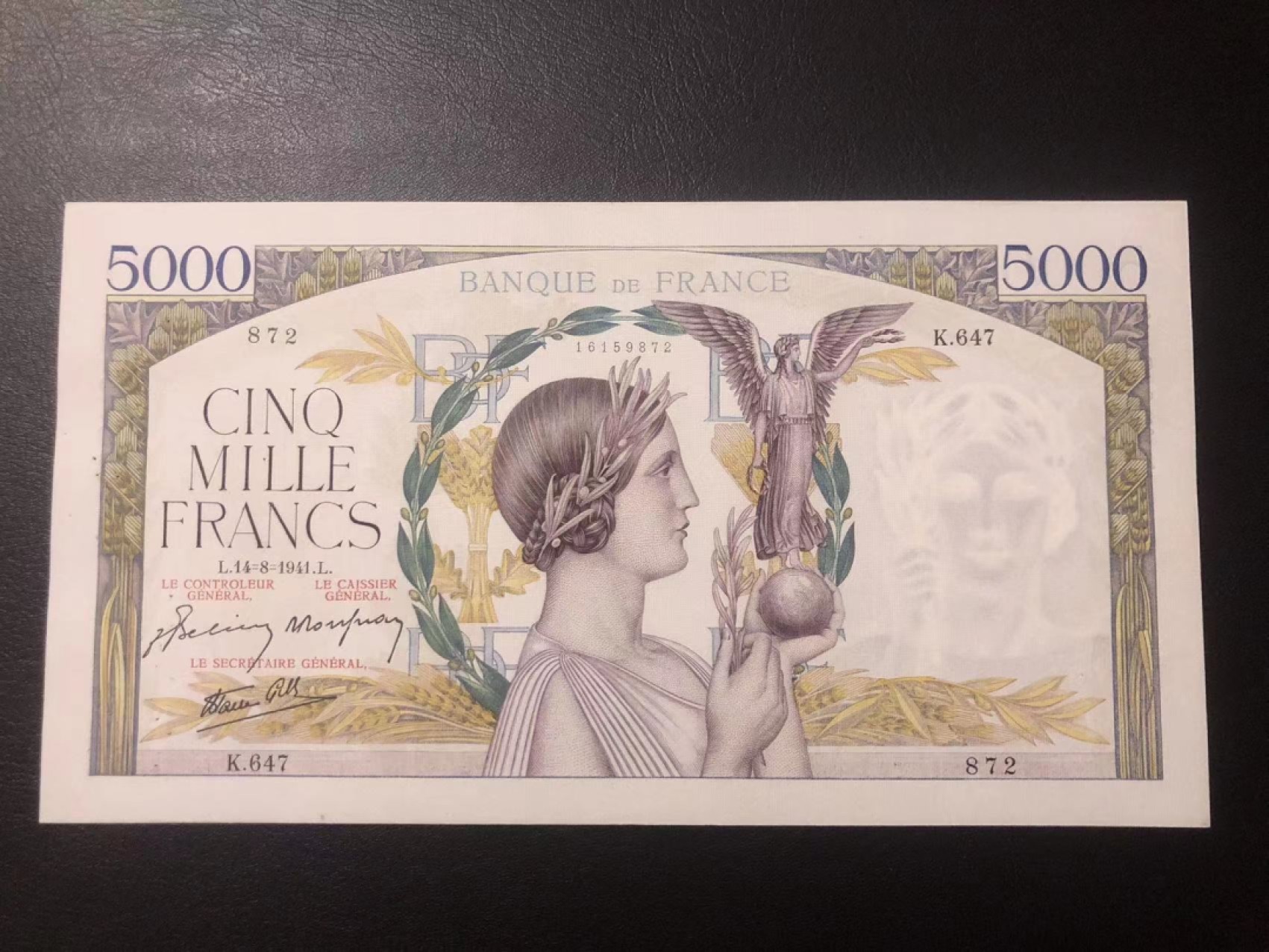 【Blue Auction】✨世界纸币精拍第190期【精】 法国🇫🇷1941年5000法郎 AU+品相 胜利女神 精美