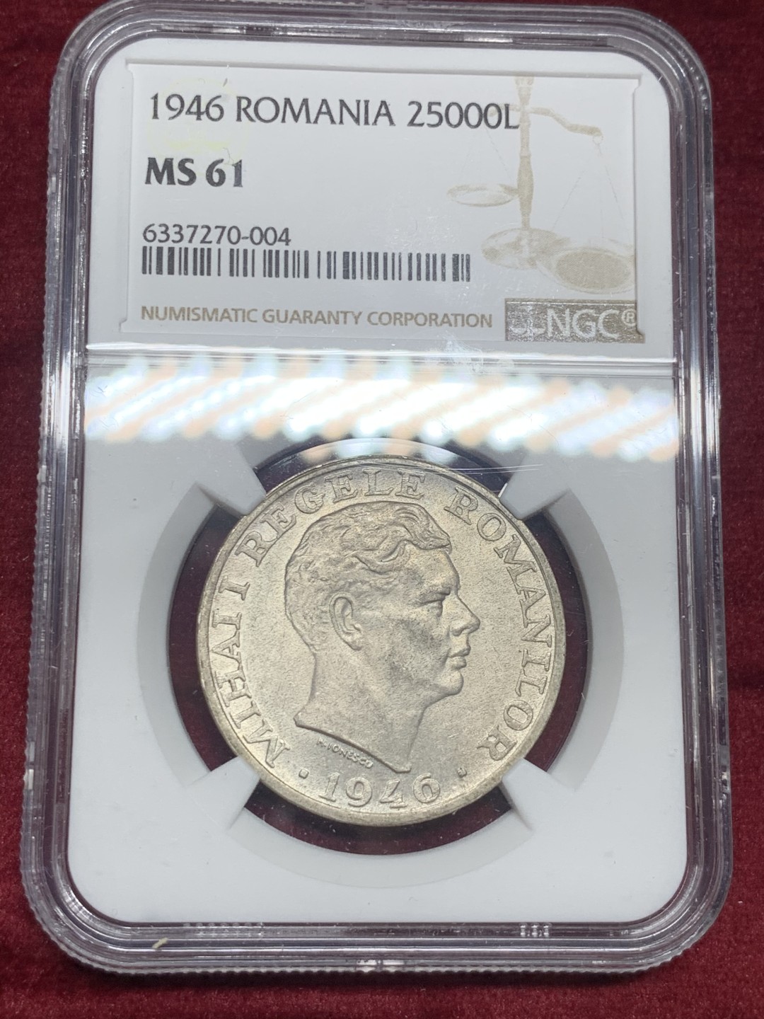 《竞宝斋》第63场-本周日 （全场不限金额包邮） NGC-MS61 罗马尼亚 1946年 25000列伊 银币 原光好品