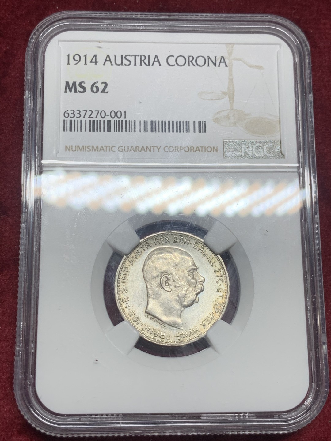 《竞宝斋》第63场-本周日 （全场不限金额包邮） NGC-MS62 奥地利 1914年 佛兰茨一世 1克朗 银币 原光好品