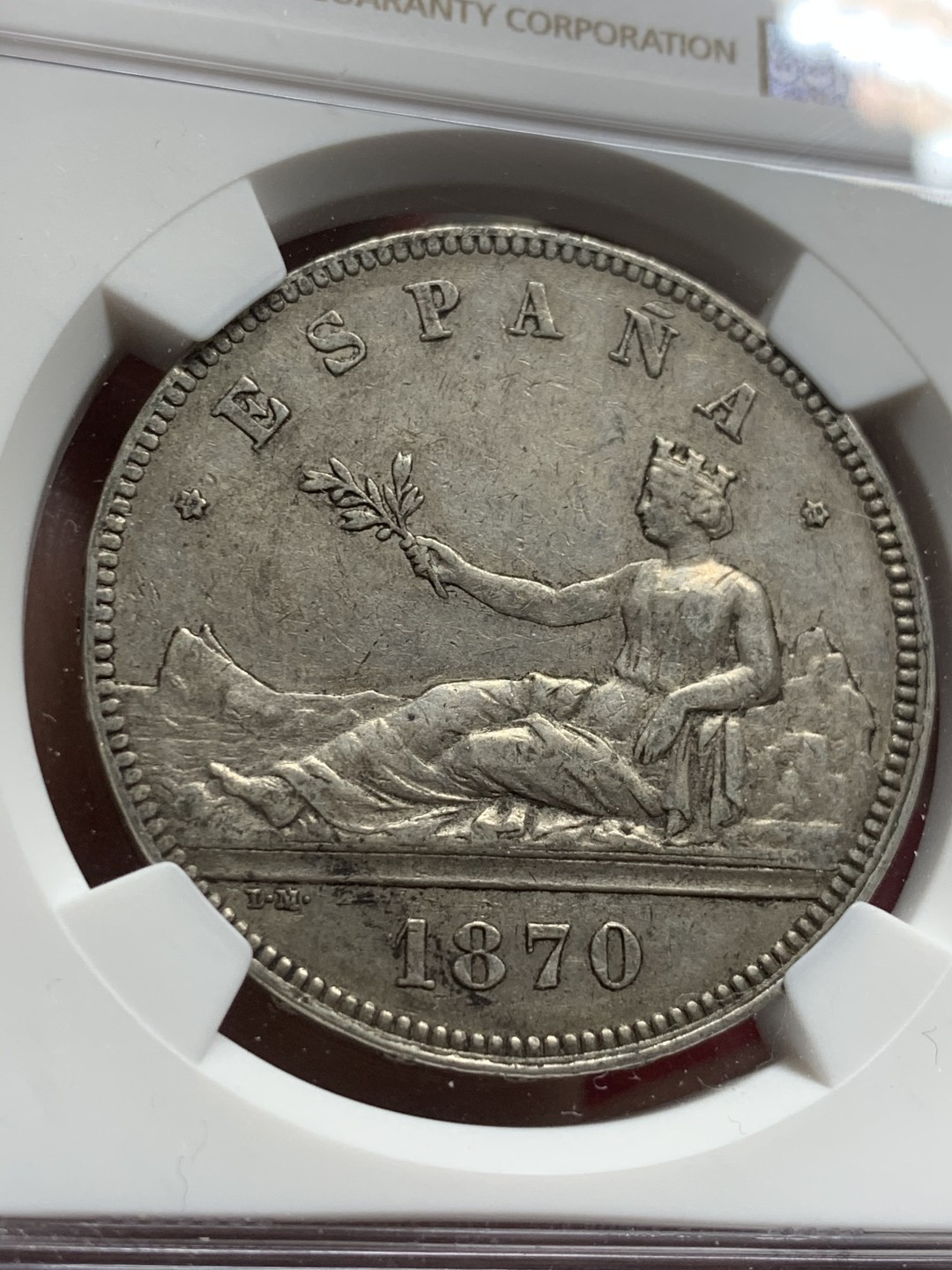 《竞宝斋》第63场-本周日 （全场不限金额包邮） NGC-XF45 西班牙 1870年 临时政府 5比塞塔 双柱大银币 原味好品