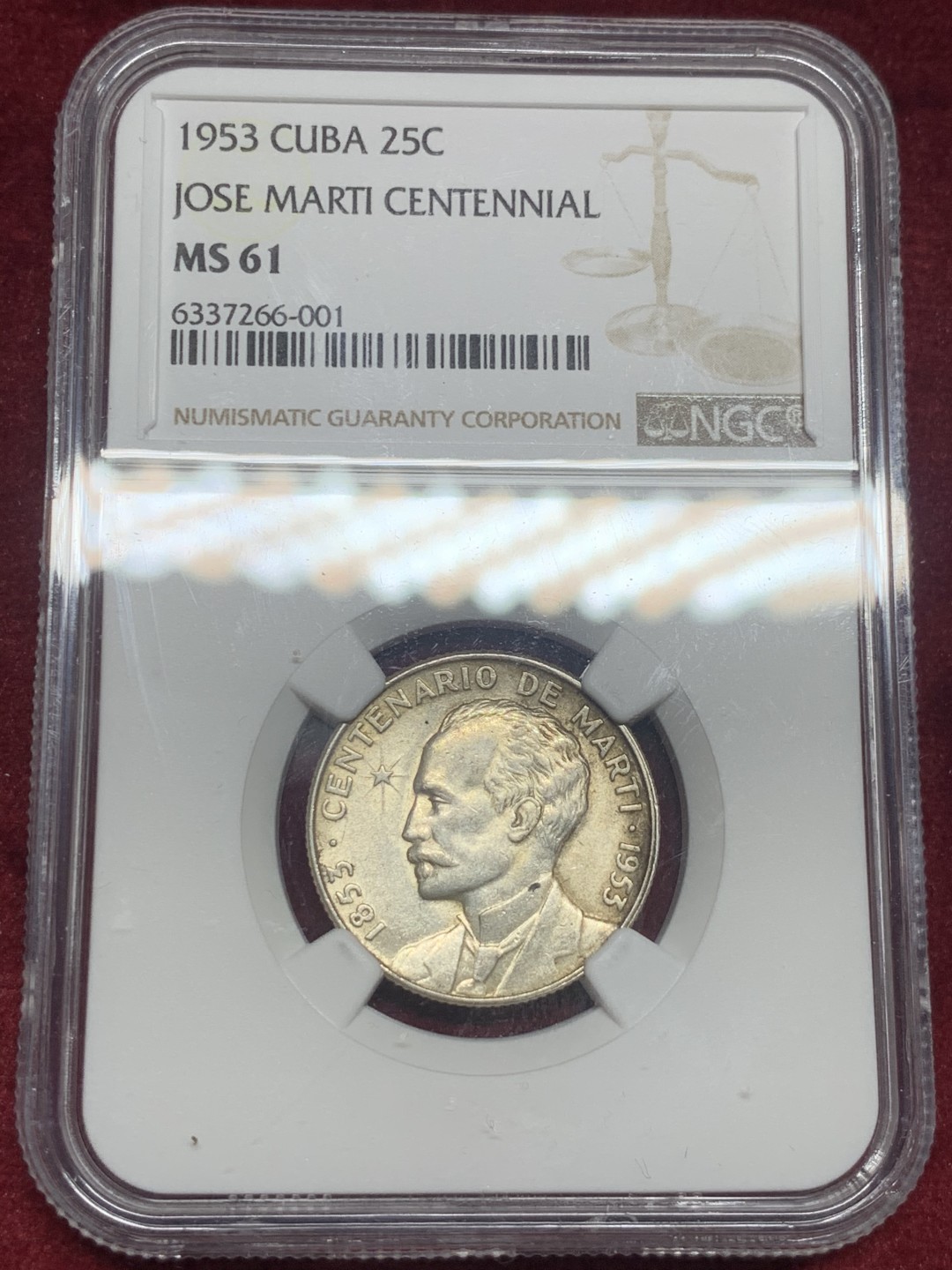 《竞宝斋》第63场-本周日 （全场不限金额包邮） NGC-MS61 古巴 1953年 马丁 25分 原光好品银币