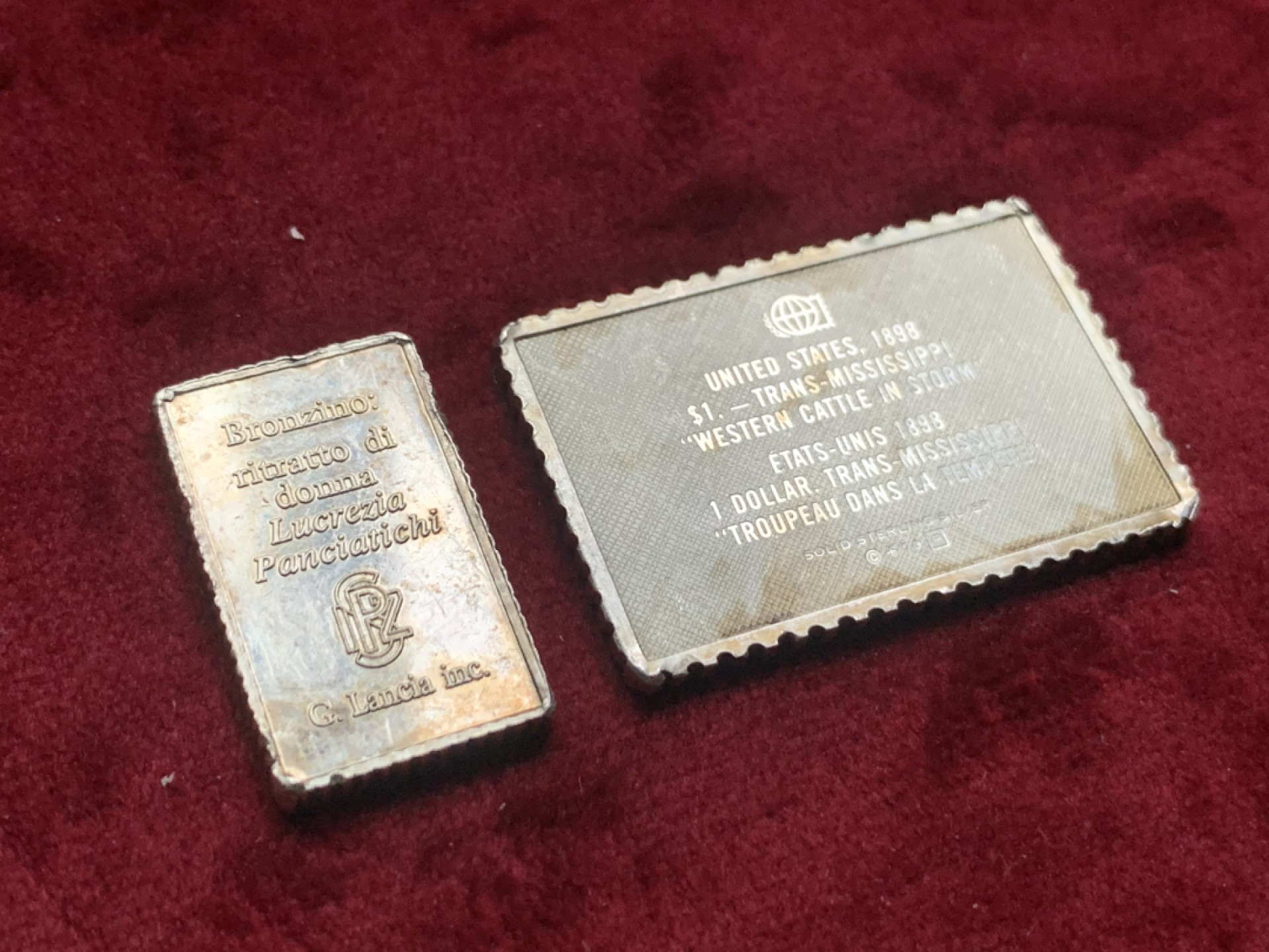 《竞宝斋》第63场-本周日 （全场不限金额包邮） 美国 弗兰克林造币厂 邮票型纯银银章 +2002年人像银章  总重 21.3克