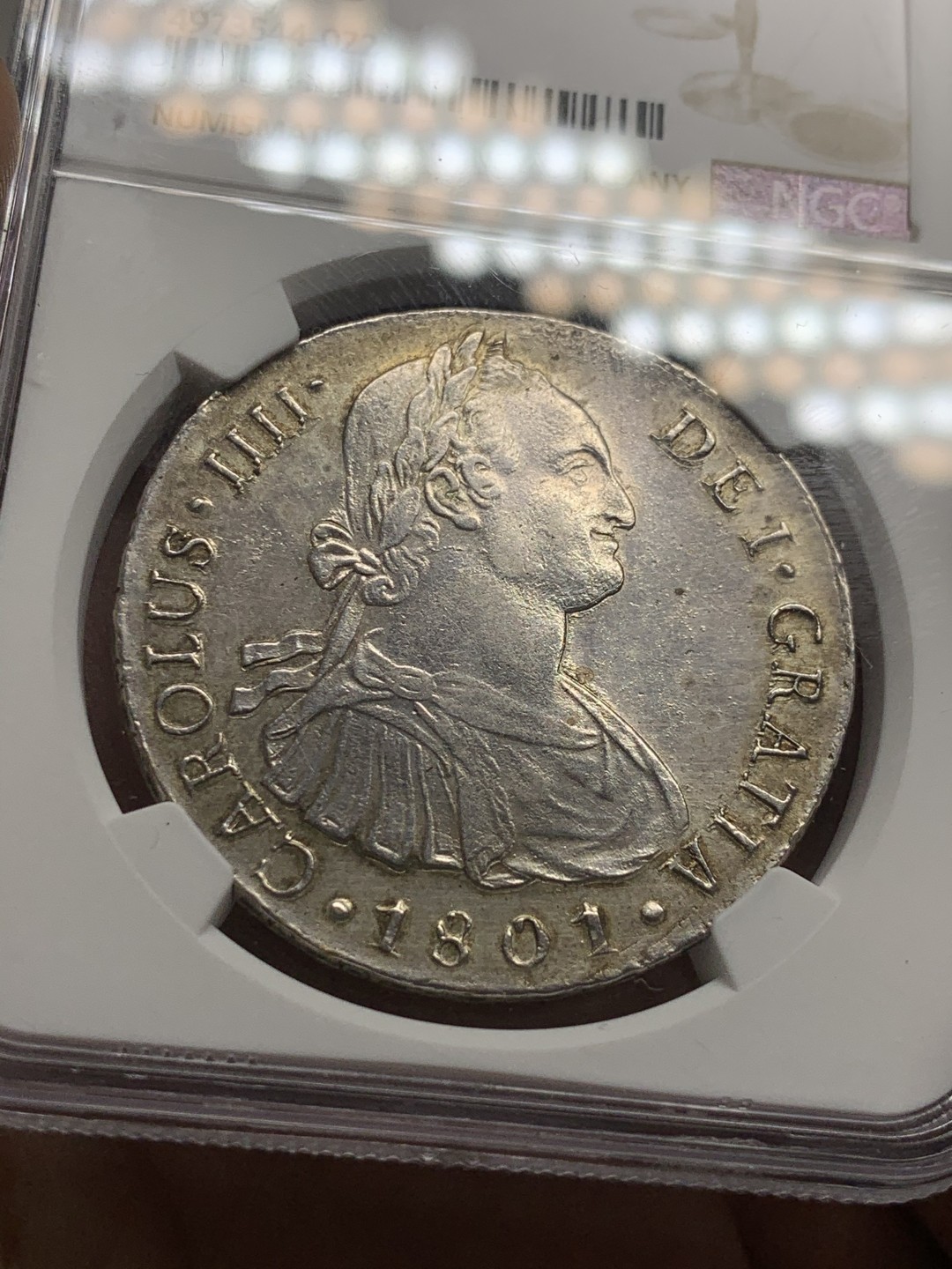 《竞宝斋》第63场-本周日 （全场不限金额包邮） NGC-UNCD  秘鲁双柱 卡洛斯四世 1801  8里亚尔    卡四早期 淡彩 欧洲回流包浆  光度一流