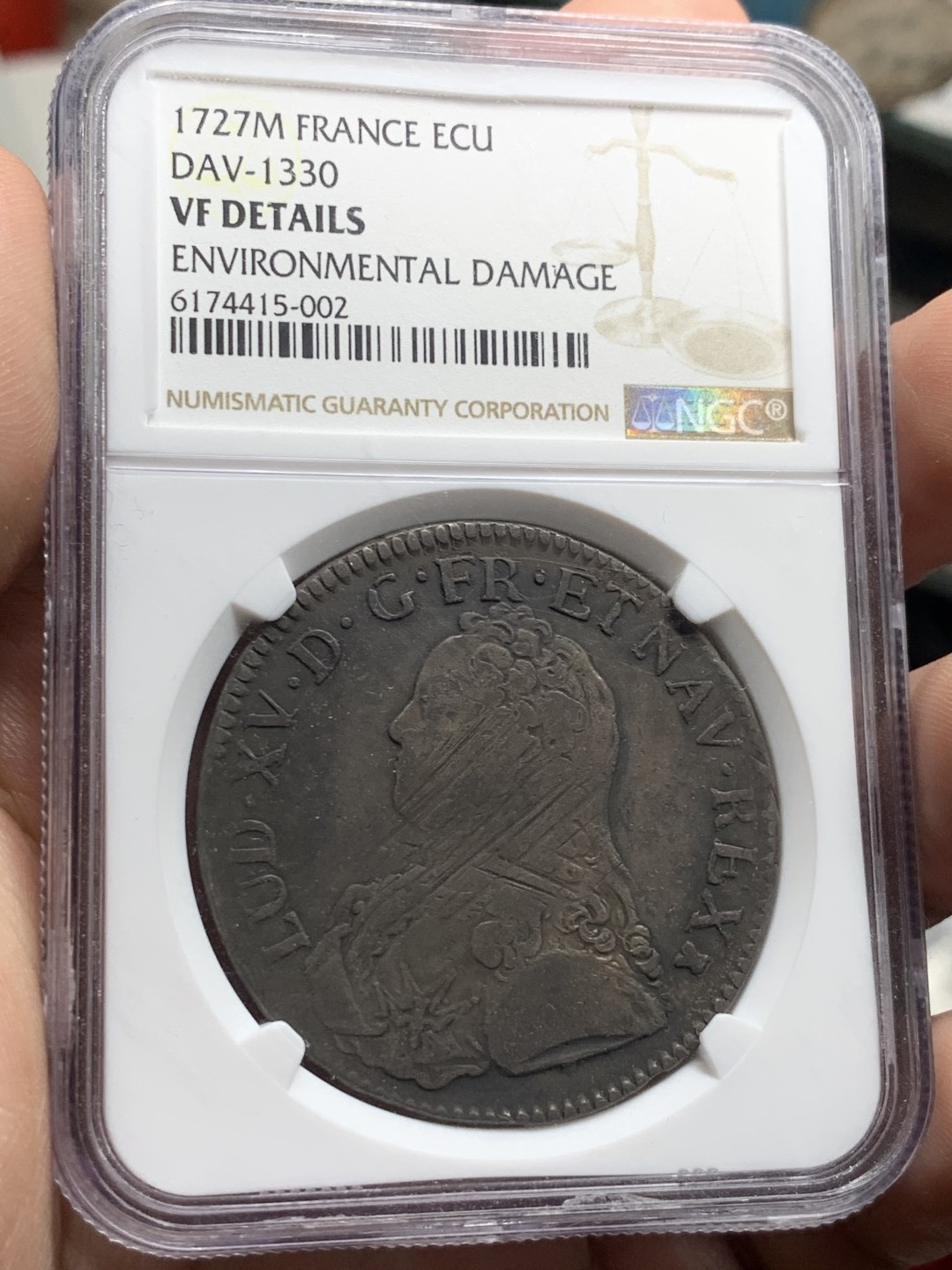 《竞宝斋》第63场-本周日 （全场不限金额包邮） NGC-VFD  法国 1727年 路易十五 小孩头 1埃居 大银币