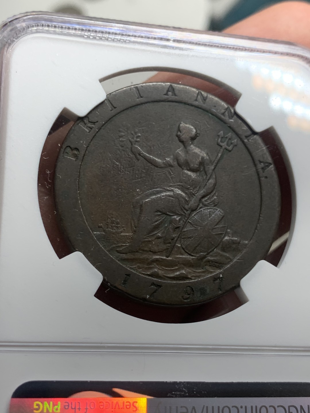 《竞宝斋》第63场-本周日 （全场不限金额包邮） ngc30分 1797年英国乔治三世车轮1便士大铜币，细节尚加无磕碰，上海n低评。