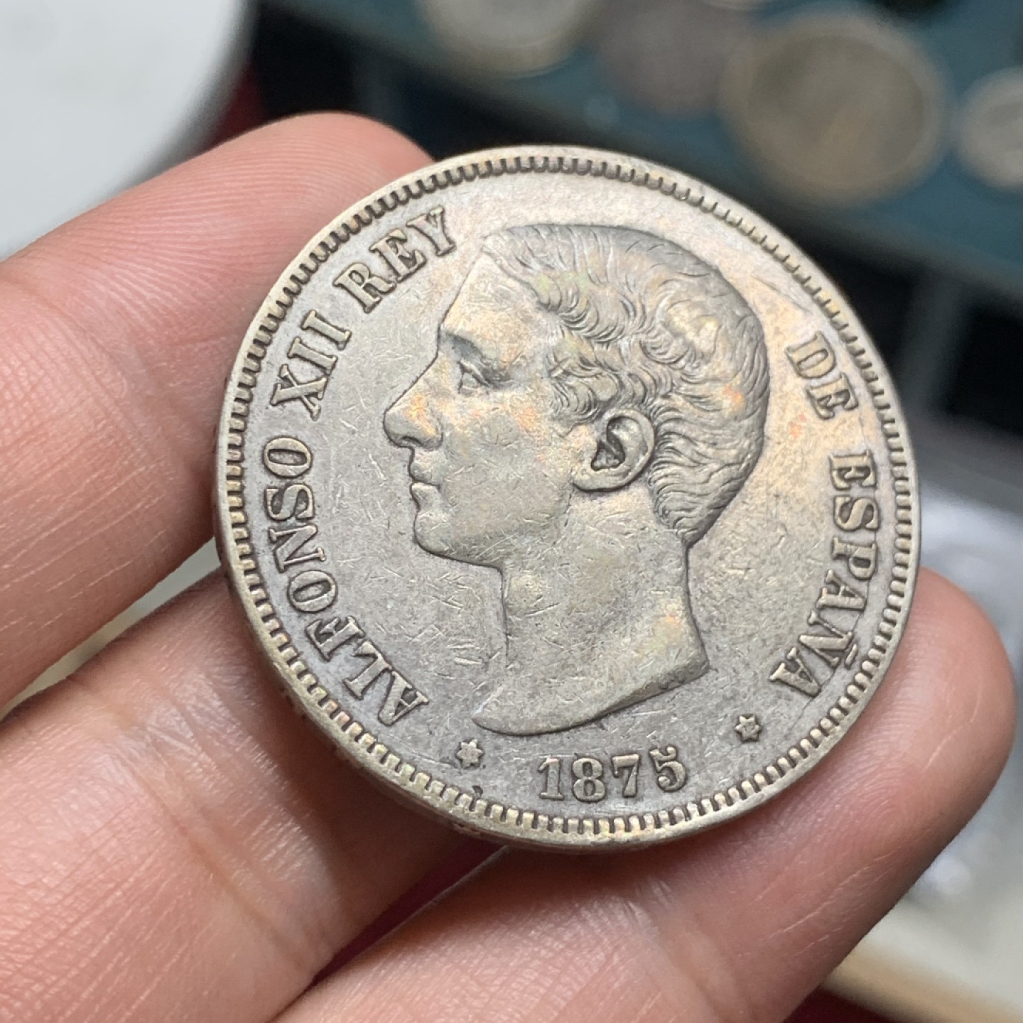 《竞宝斋》第63场-本周日 （全场不限金额包邮） 1875年西班牙阿方索十二世好品5比塞塔银币