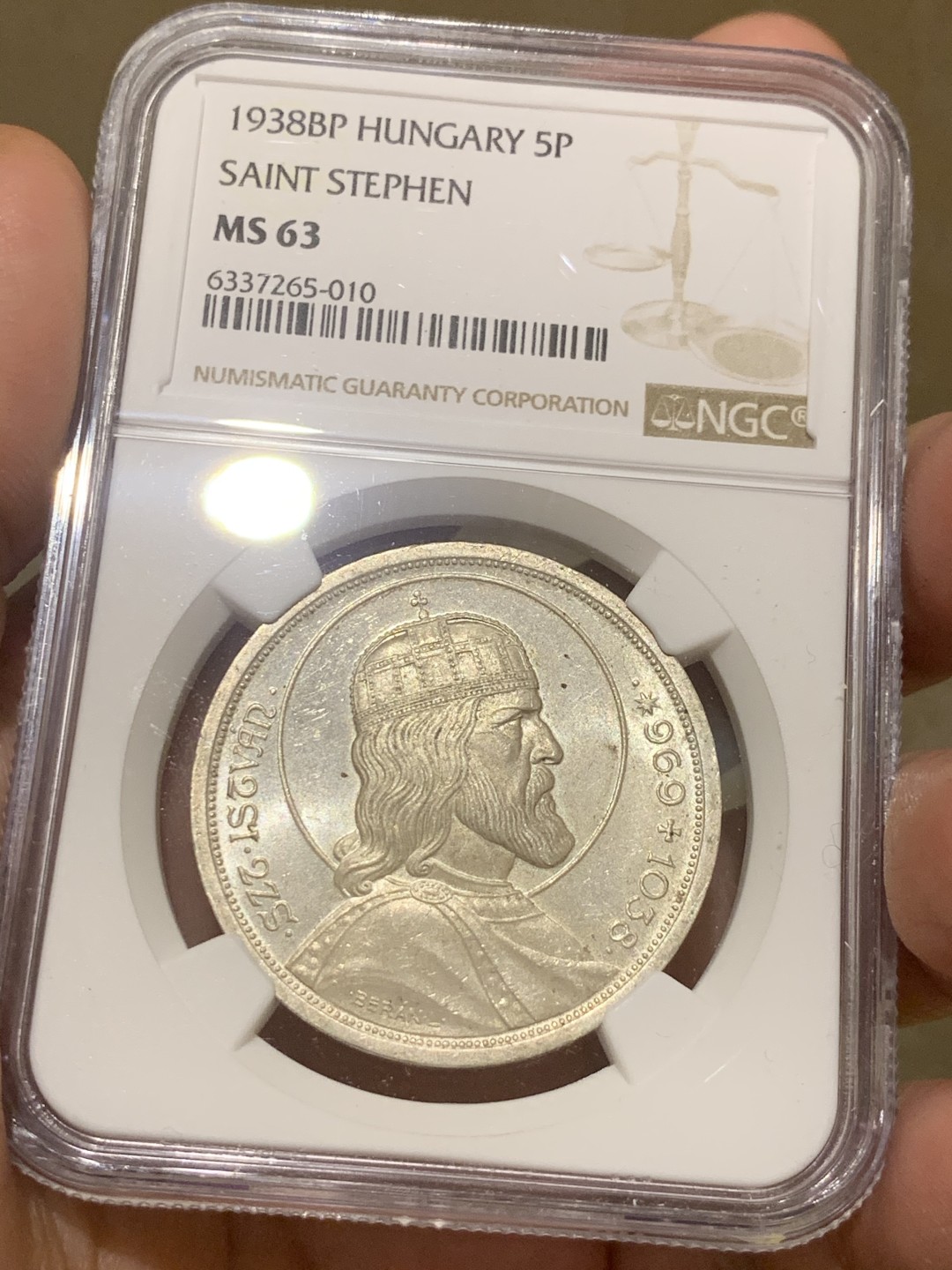 《竞宝斋》第63场-本周日 （全场不限金额包邮） NGC-MS63 匈牙利 1938年 斯蒂芬 5潘果 大银币 这个也是疯涨的品种