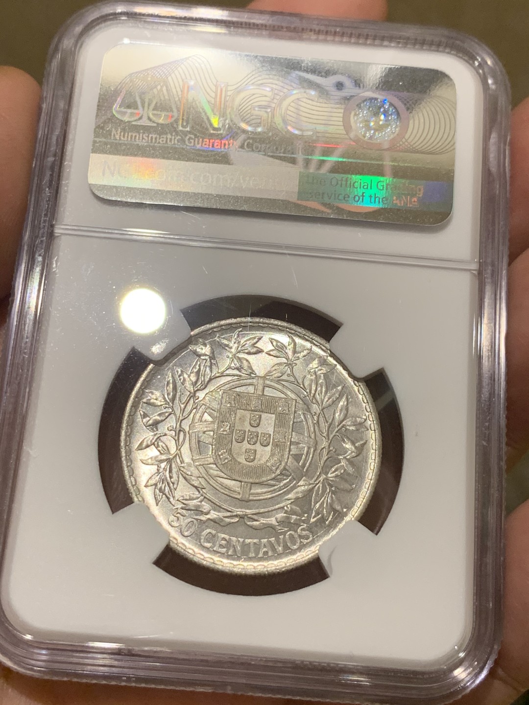 《竞宝斋》第63场-本周日 （全场不限金额包邮） NGC MS64 葡萄牙 1916年 50C 银币 十字银光 非常的漂亮