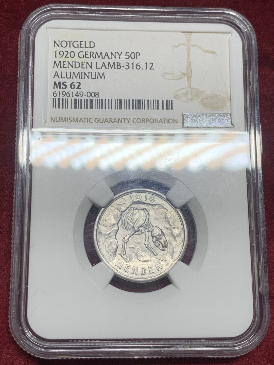 《竞宝斋》第63场-本周日 （全场不限金额包邮） NGC-MS62 德国 1920年 门登洞熊50芬尼铝币 紧急时期小名誉品