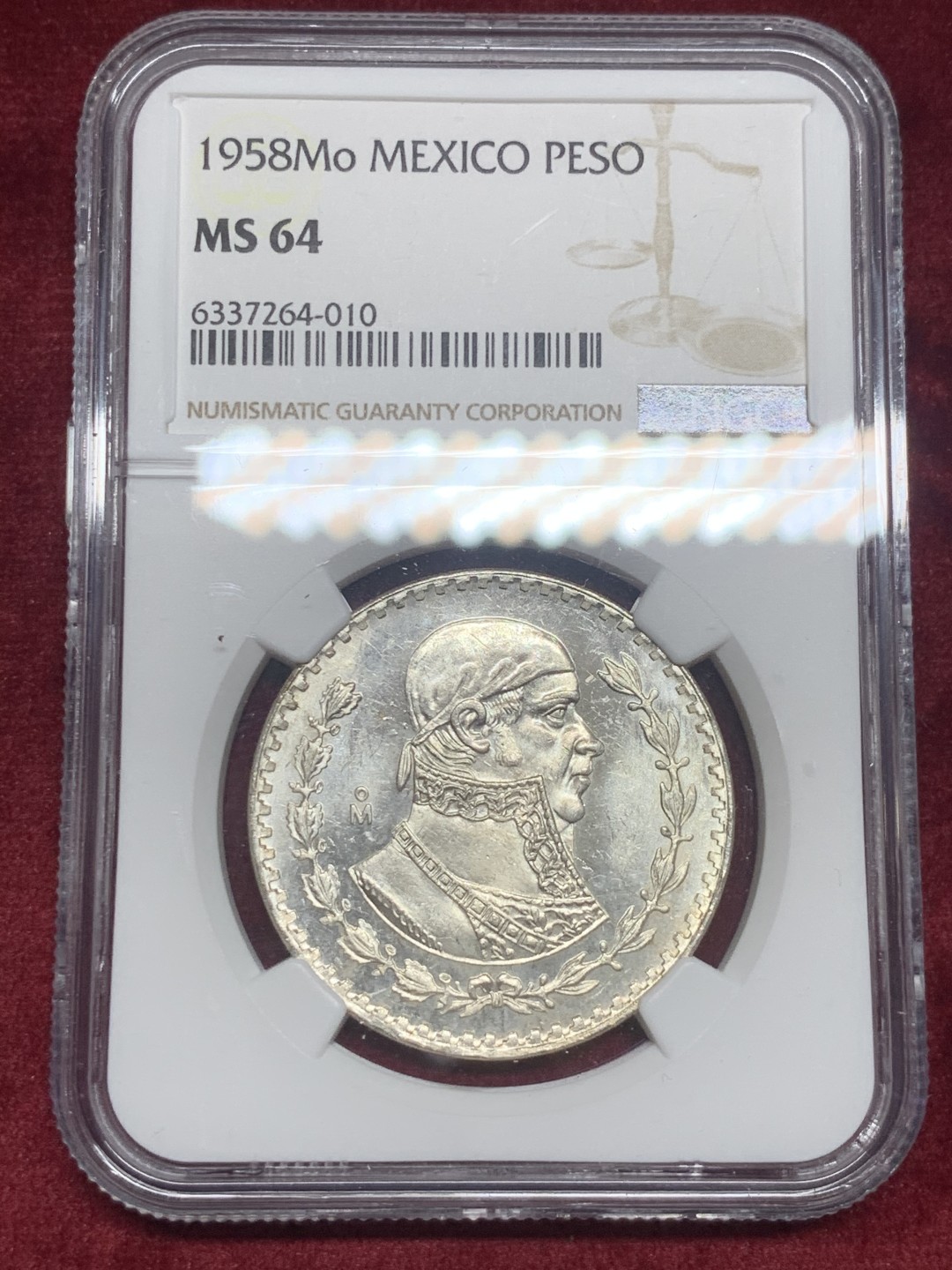 《竞宝斋》第63场-本周日 （全场不限金额包邮） NGC-MS64 墨西哥 1958年 鹰洋银币 原光品