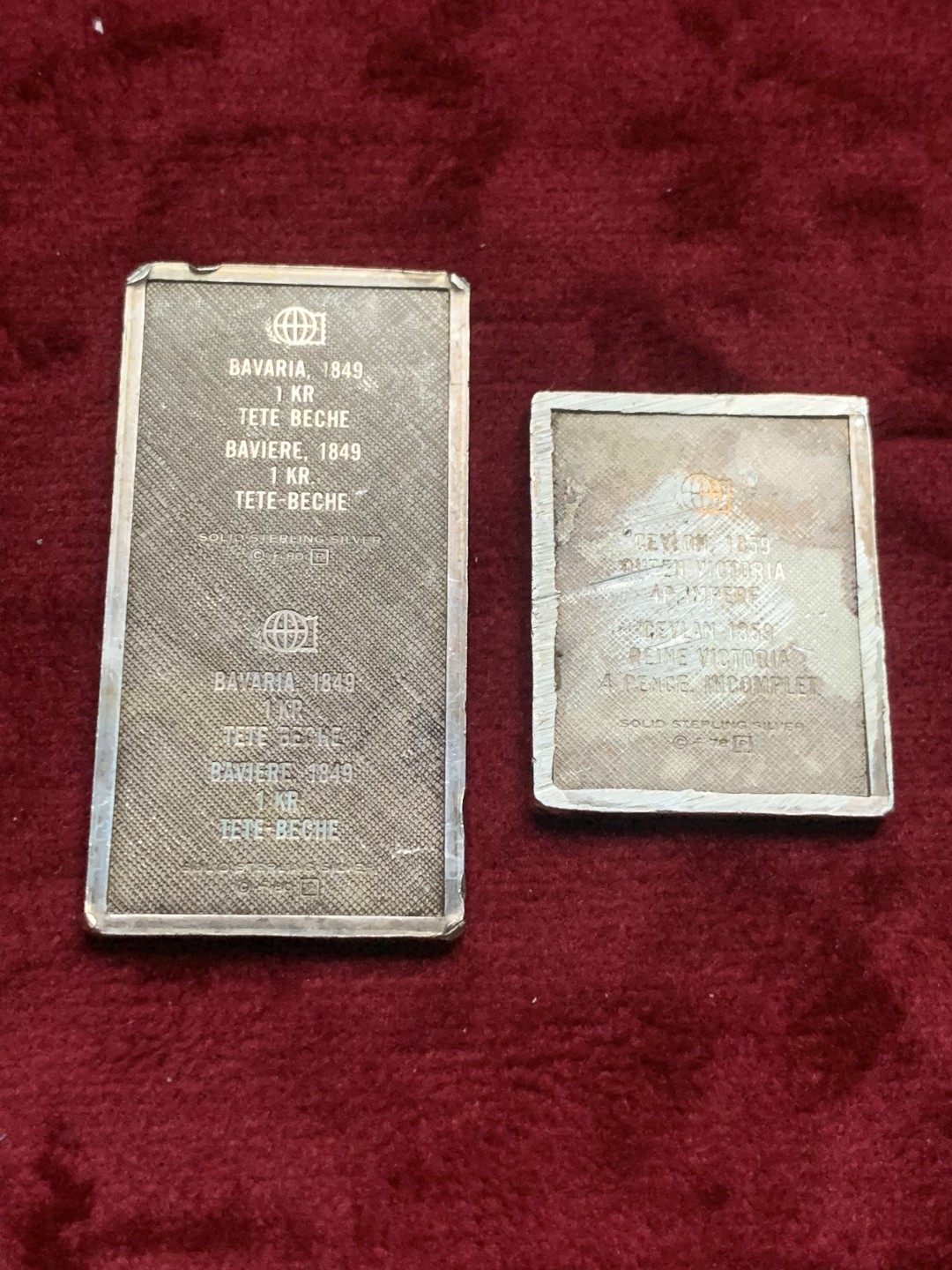 《竞宝斋》第63场-本周日 （全场不限金额包邮） 美国 弗兰克林造币厂 邮票型纯银银章 2枚 总重27克