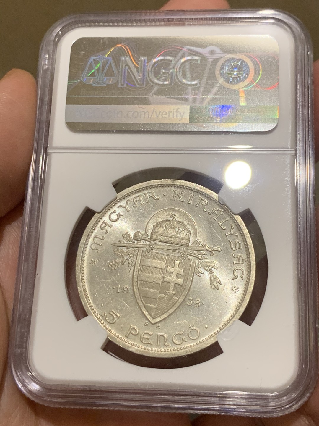 《竞宝斋》第63场-本周日 （全场不限金额包邮） NGC-MS63 匈牙利 1938年 斯蒂芬 5潘果 大银币 这个也是疯涨的品种