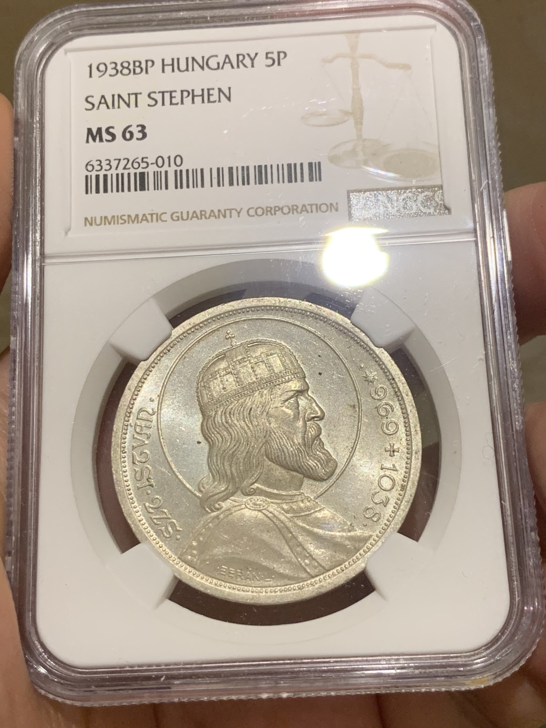 《竞宝斋》第63场-本周日 （全场不限金额包邮） NGC-MS63 匈牙利 1938年 斯蒂芬 5潘果 大银币 这个也是疯涨的品种