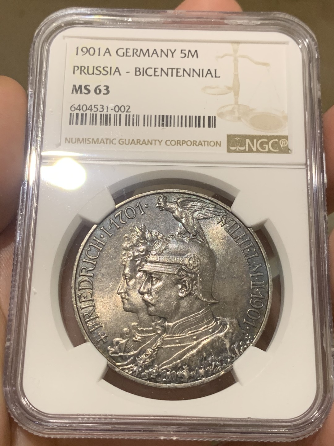 《竞宝斋》第63场-本周日 （全场不限金额包邮） NGC-MS63 德国普鲁士 1901年 200周年纪念 军装5马克 大银币 这样的黑包浆能给分 太难的了