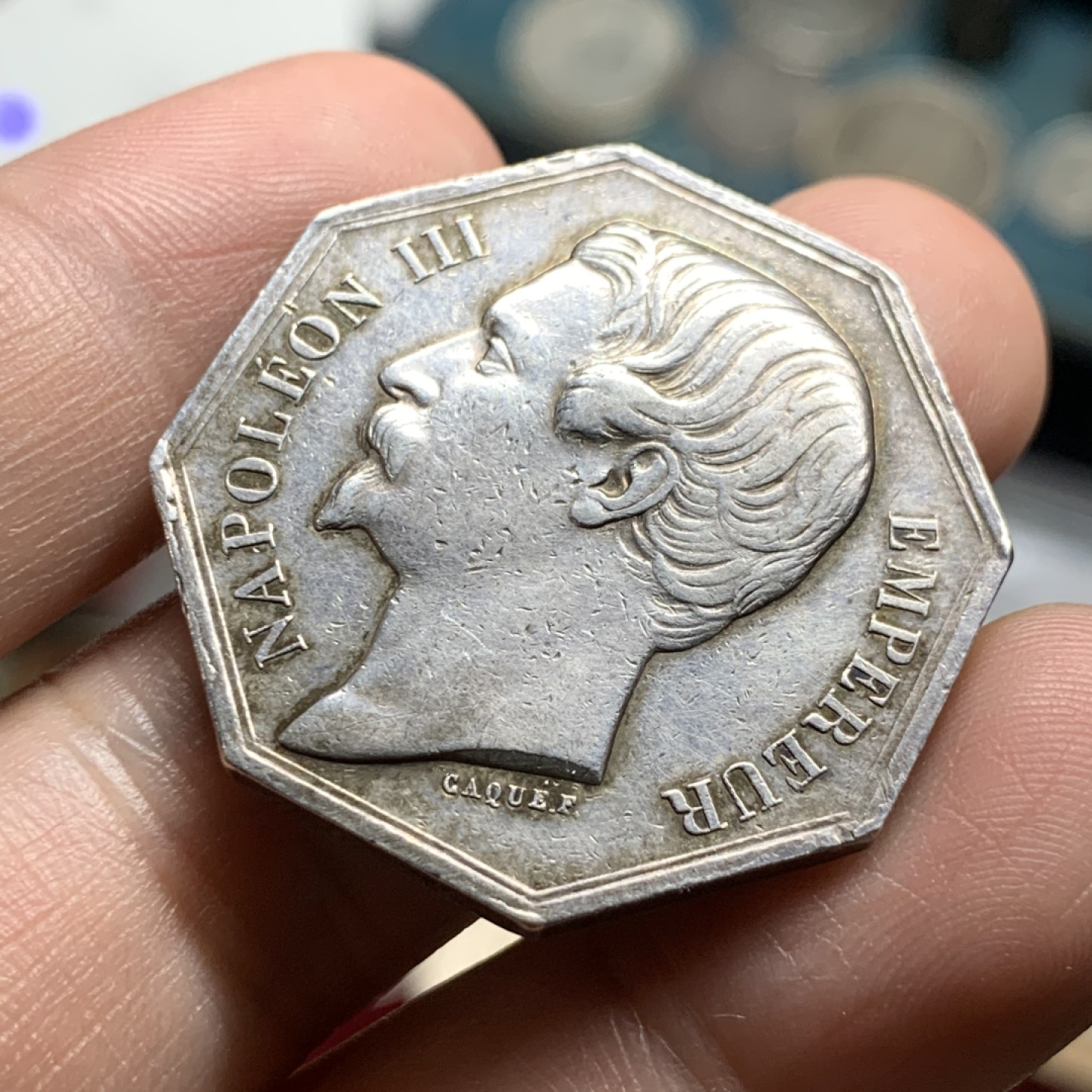 《竞宝斋》第63场-本周日 （全场不限金额包邮） 法国拿破仑三世轮船八角银章  34mm，18.5克，Aregnt边铭