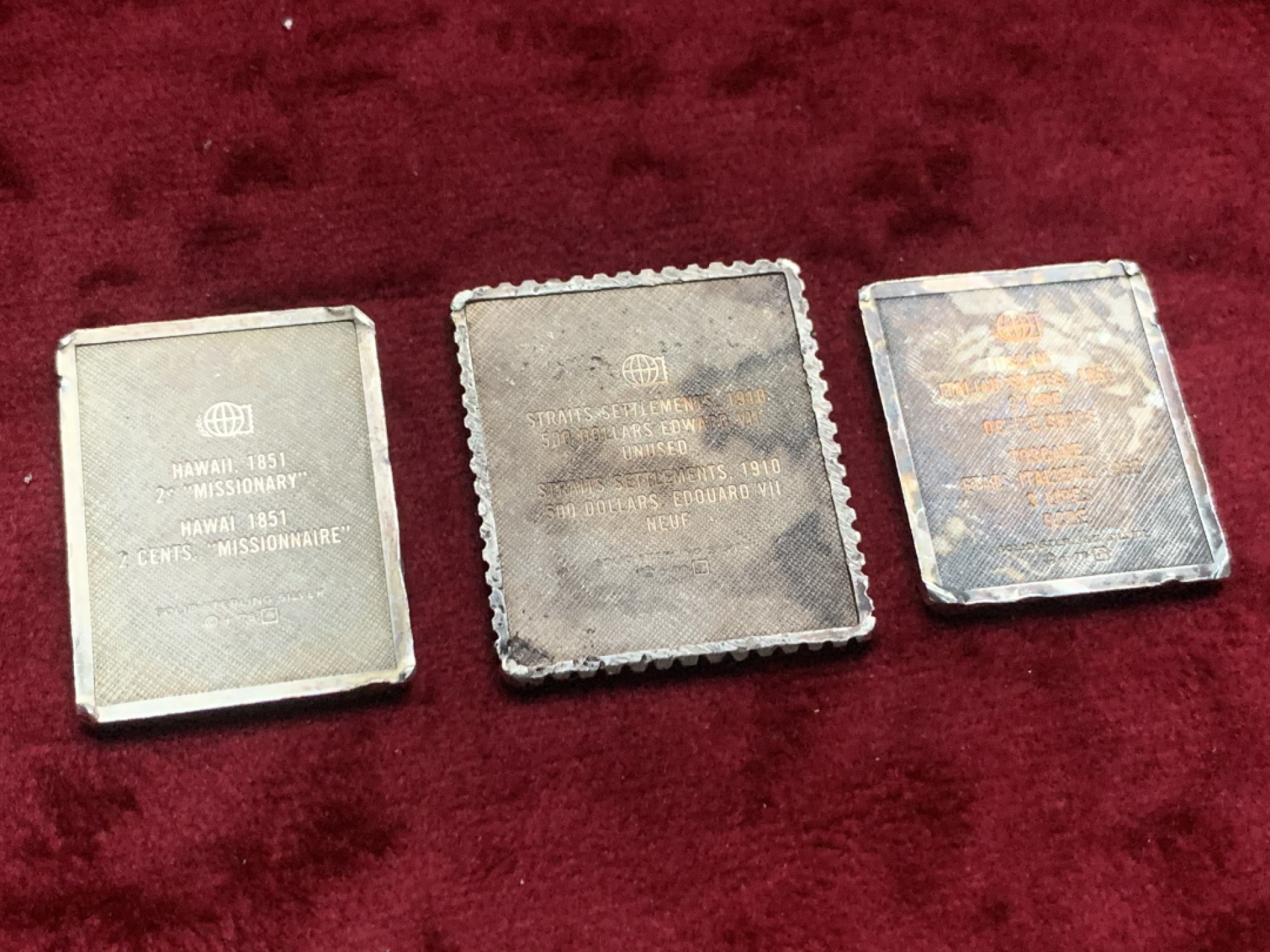 《竞宝斋》第63场-本周日 （全场不限金额包邮） 美国 弗兰克林造币厂 邮票型纯银银章 3枚一组 总重 35.85克