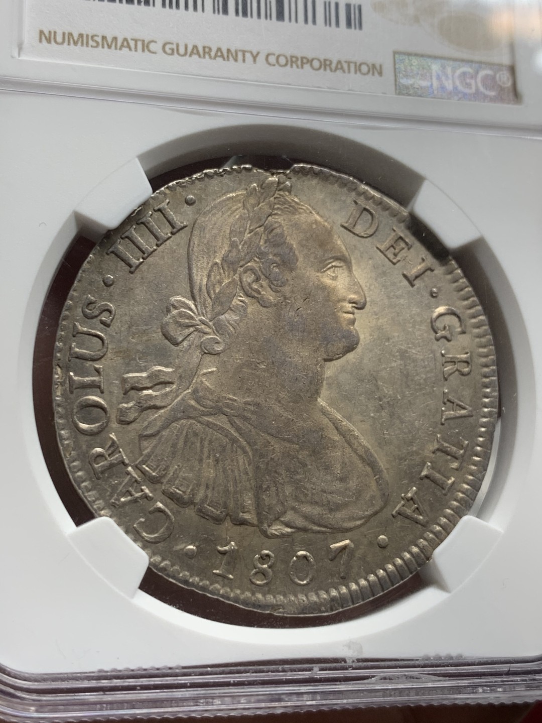 《竞宝斋》第63场-本周日 （全场不限金额包邮） NGC-Au55 墨西哥 1807年 8瑞尔 卡四双柱银币