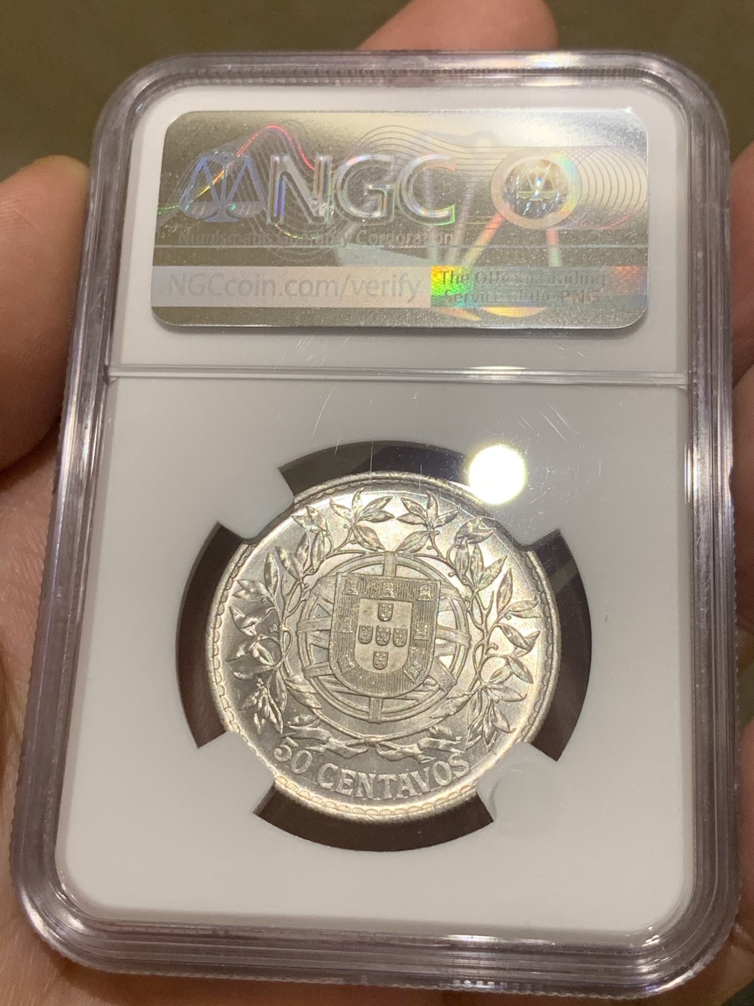 《竞宝斋》第63场-本周日 （全场不限金额包邮） NGC MS64 葡萄牙 1916年 50C 银币 十字银光 非常的漂亮