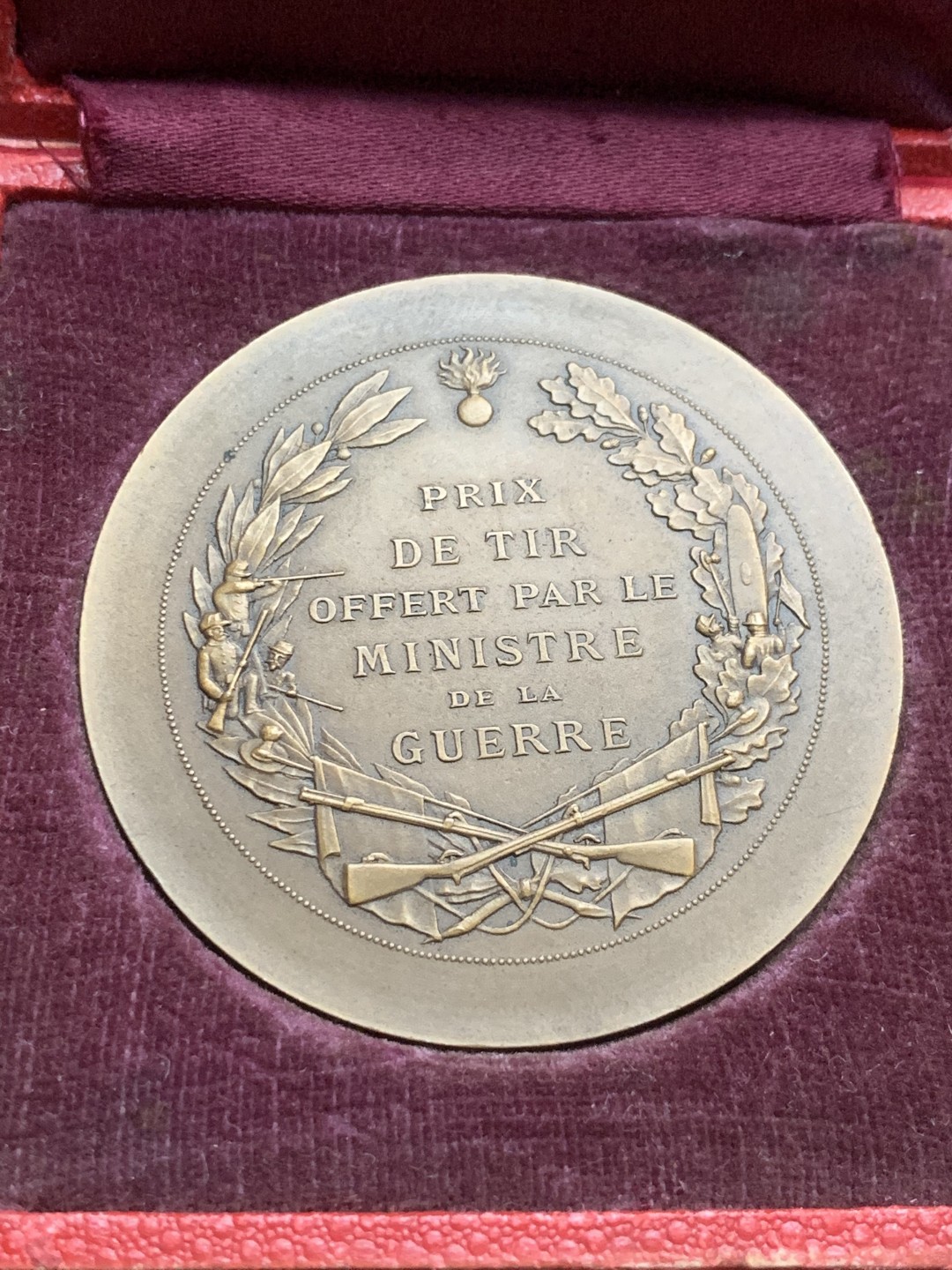 《竞宝斋》第63场-本周日 （全场不限金额包邮） 原盒法国1900年左右花环玛丽安娜军事准备大铜章丹尼尔杜普伊作品 50mm，62.5克，BRONZE铜标