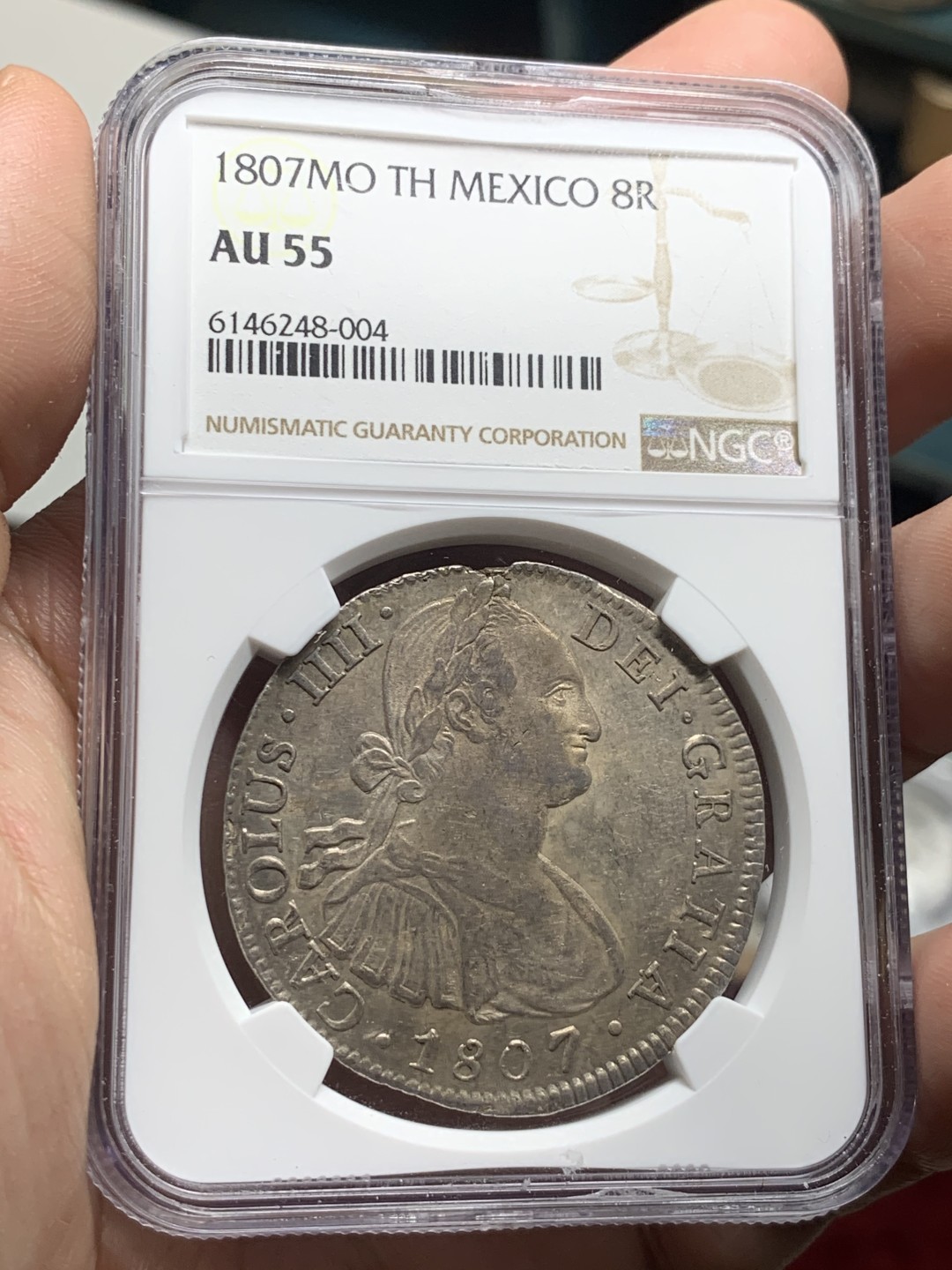 《竞宝斋》第63场-本周日 （全场不限金额包邮） NGC-Au55 墨西哥 1807年 8瑞尔 卡四双柱银币